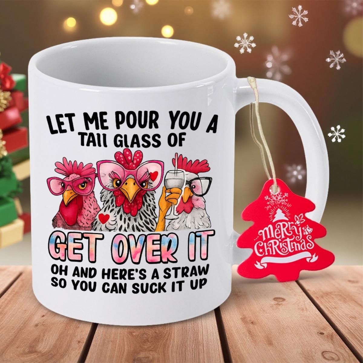 Tailorly White Ceramic 11 oz Mug - Let Me Pour You A Tall Glass Of Get Over It Oh And Heres A Straw So You Can Suck It Up Sassy Cartoon Birds Wearing Heart Shaped