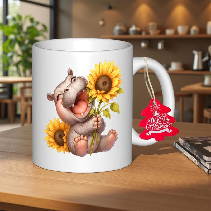 Tailorly White Ceramic 11 oz Mug - Merry Christmas Adorable Sitting Cartoon Hippo Holding A Bright Yellow Sunflower Hippo
