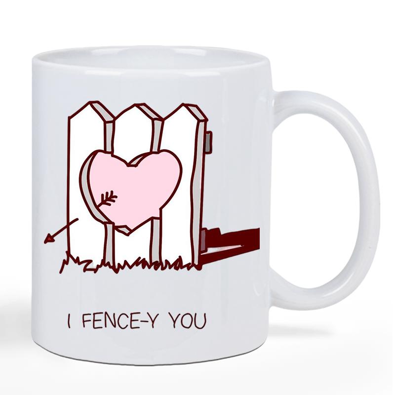 Tailorly White Ceramic 11 oz Mug - I Fence Y You Wooden Picket Fence With Heart Shaped Cutout And Arrow Fence