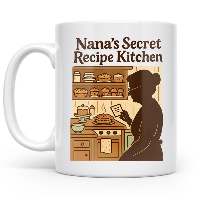 Tailorly White Ceramic 11 oz Mug - Nanas Secret Recipe Kitchen Silhouette Of A Woman Baking In A Cozy Vintage Style Kitchen