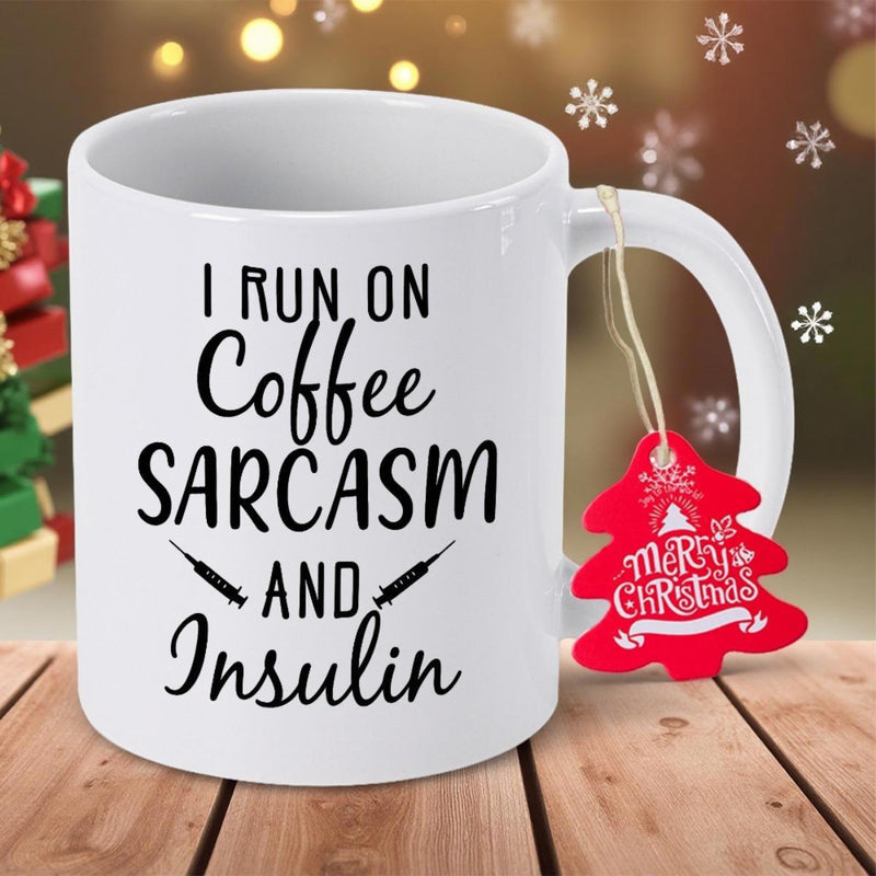 Tailorly White Ceramic 11 oz Mug - I Run On Coffee Sarcasm And Insulin Minimalist Black Lettering On Smooth Featuring Small Syringes Mug