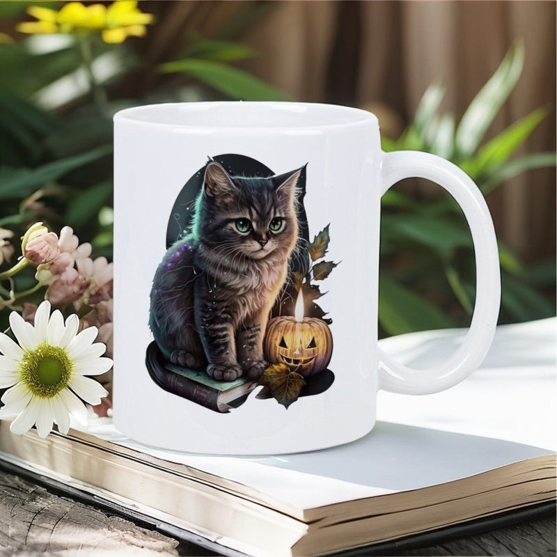 Tailorly White Ceramic 11 oz Mug - Adorable Tabby Kitten Sitting On Book Next To Glowing Halloween Pumpkin Cat