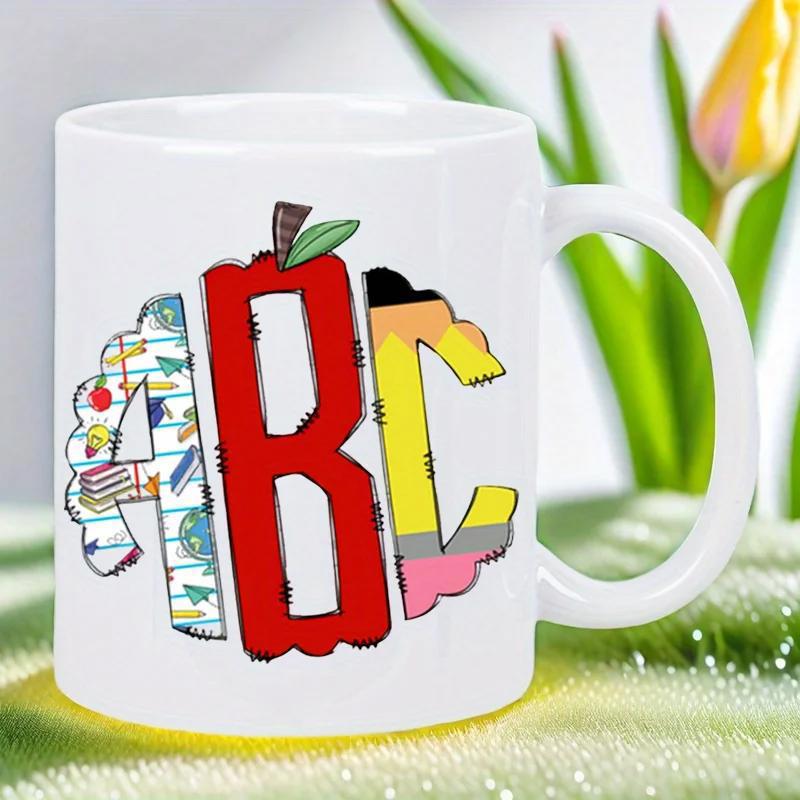 Tailorly White Ceramic 11 oz Mug - ABC Colorful School Supplies Pattern With Pencil And Red Apple Design Alphabet