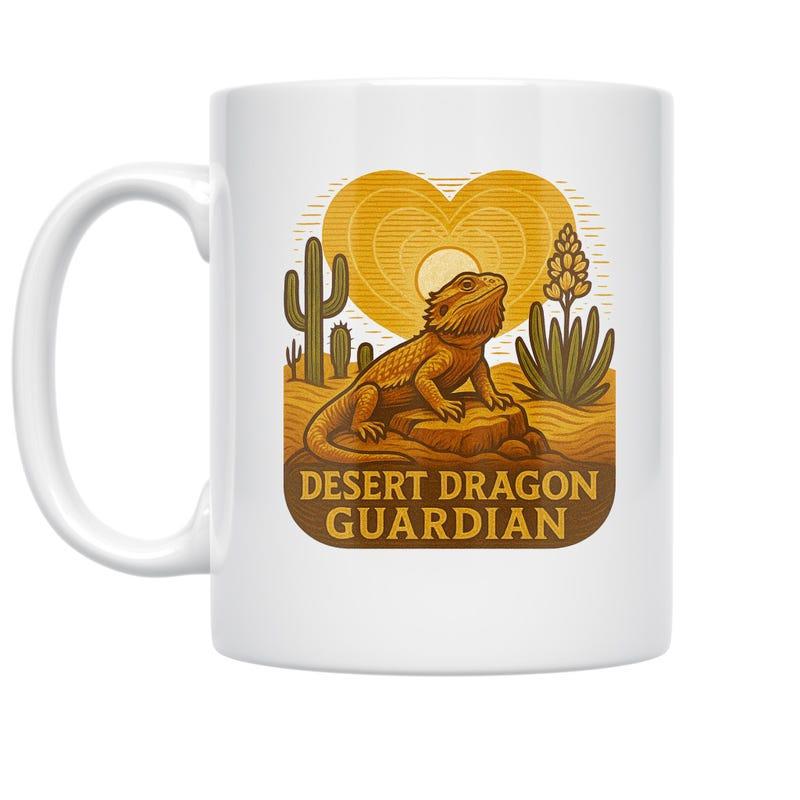 Tailorly White Ceramic 11 oz Mug - Desert Dragon Guardian Majestic Bearded Dragon Resting On Rock Among Cacti Under Glowing Sun Lizard