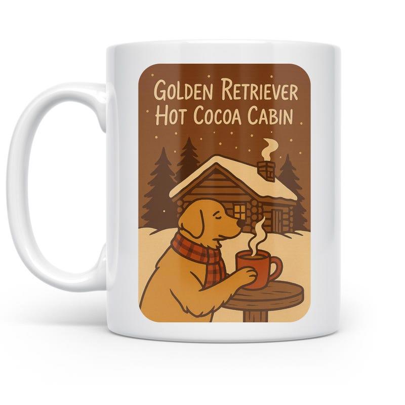 Tailorly White Ceramic 11 oz Mug - Golden Retriever Hot Cocoa Cabin Cozy Dog Wearing Scarf Drinking Cocoa Near Snowy Log Cabin Dog