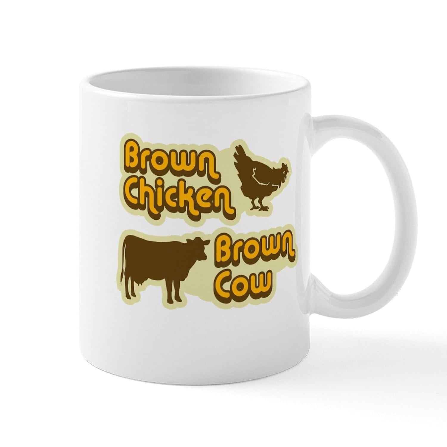 Tailorly White Ceramic 11 oz Mug - Brown Chicken Brown Cow Vintage Retro Style Silhouettes Of A Chicken And A Grazing Cow