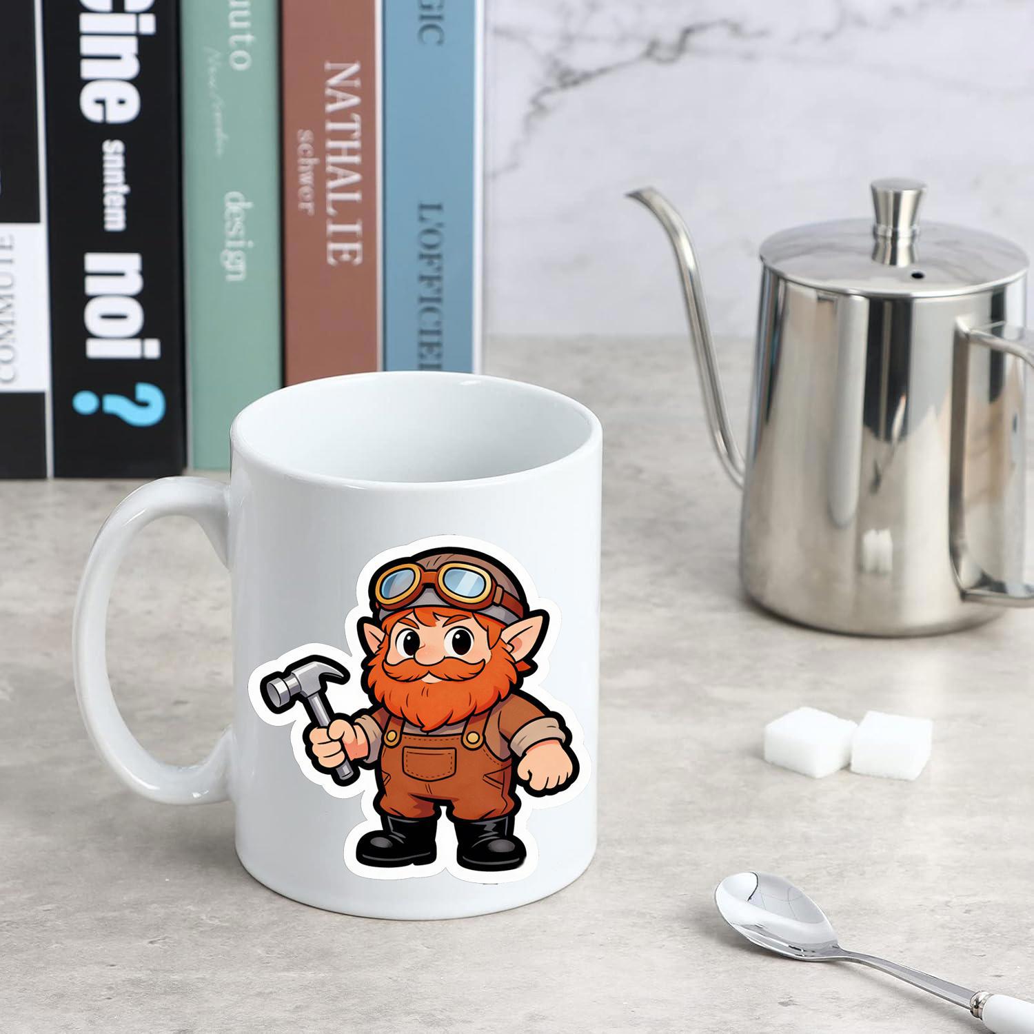Tailorly White Ceramic 11 oz Mug - Cartoon Bearded Mechanic Wearing Goggles And Overalls Holding A Metal Hammer Dwarf
