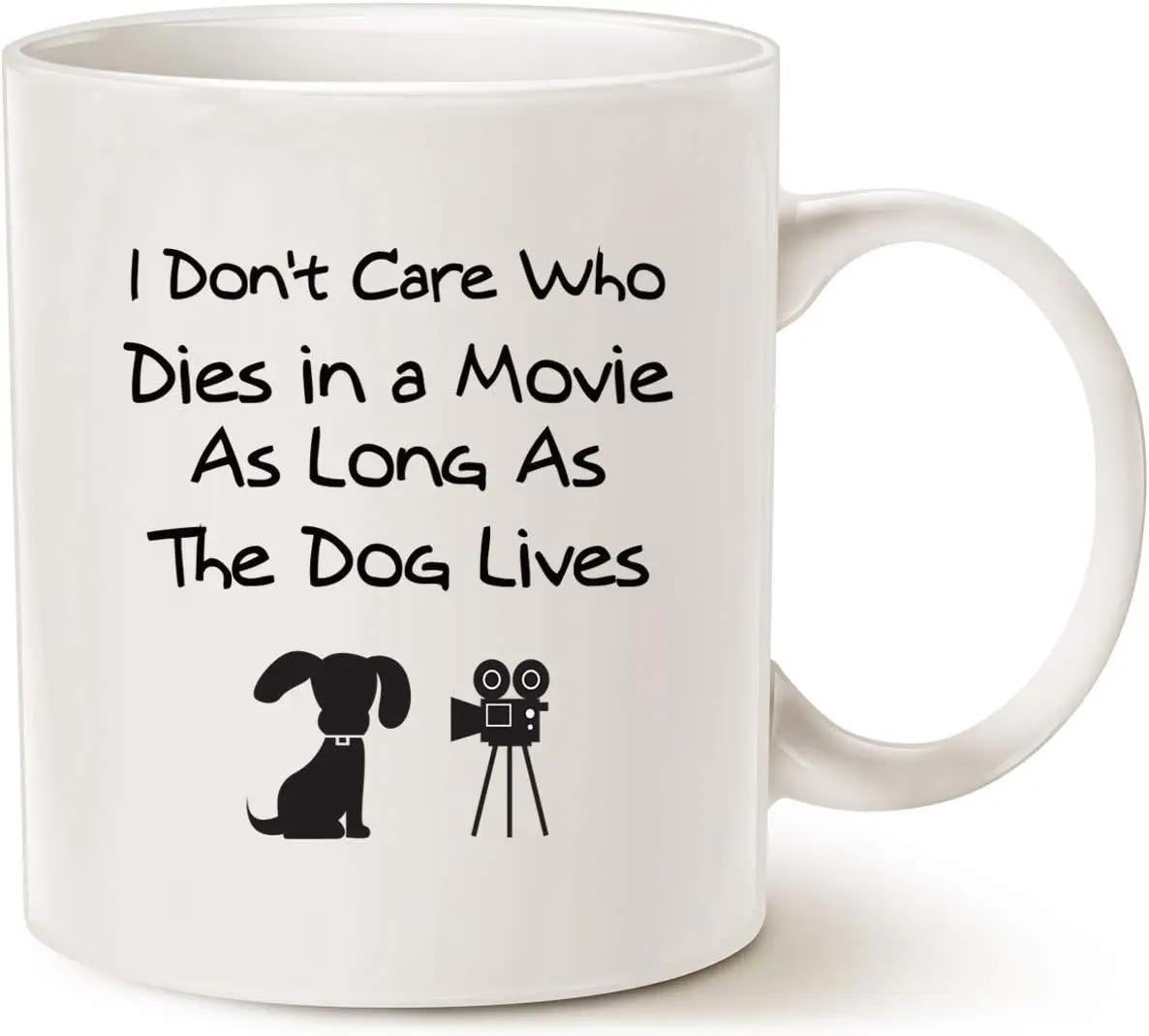 Tailorly White Ceramic 11 oz Mug - I Don't Care Who Dies In A Movie As Long As The Dog Lives Adorable Sitting Pet Silhouette Watching A Vintage Filming Camera On