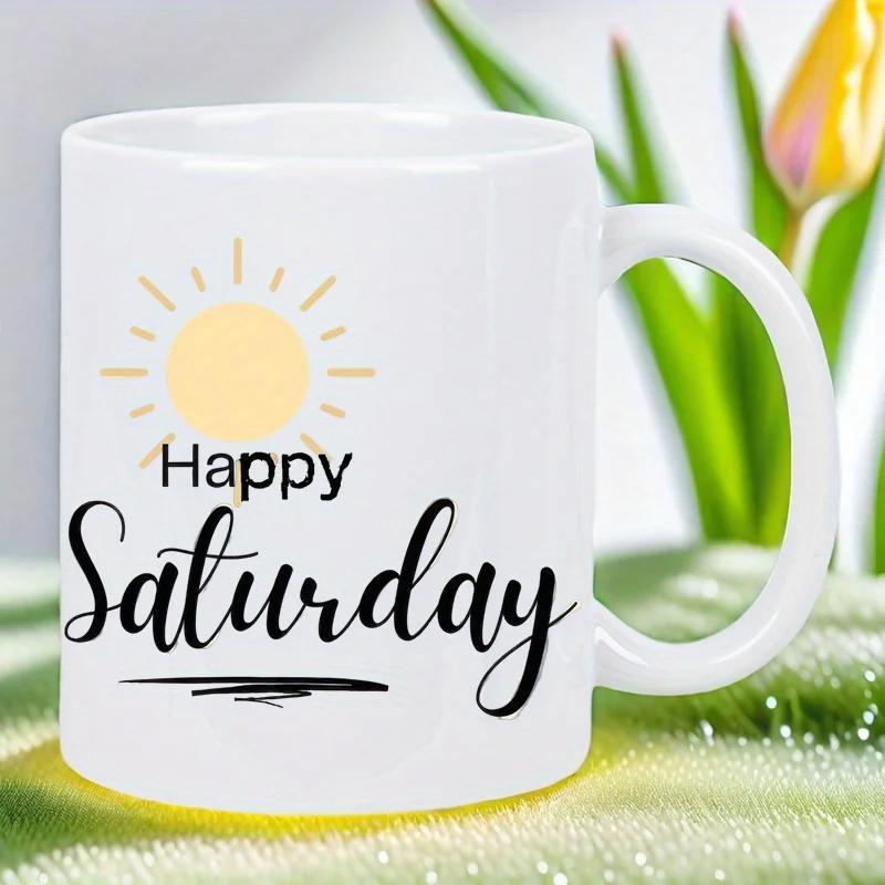 Tailorly White Ceramic 11 oz Mug - Happy Saturday Shining Bright Yellow Rays Spreading Warmth In A Minimalist Style Sun