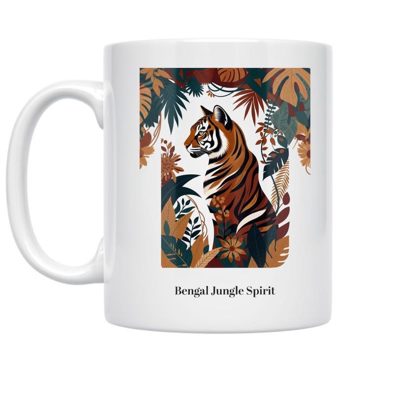 Tailorly White Ceramic 11 oz Mug - Bengal Jungle Spirit Majestic Wild Tiger Sitting Among Lush Tropical Foliage Under Warm Tones Tiger