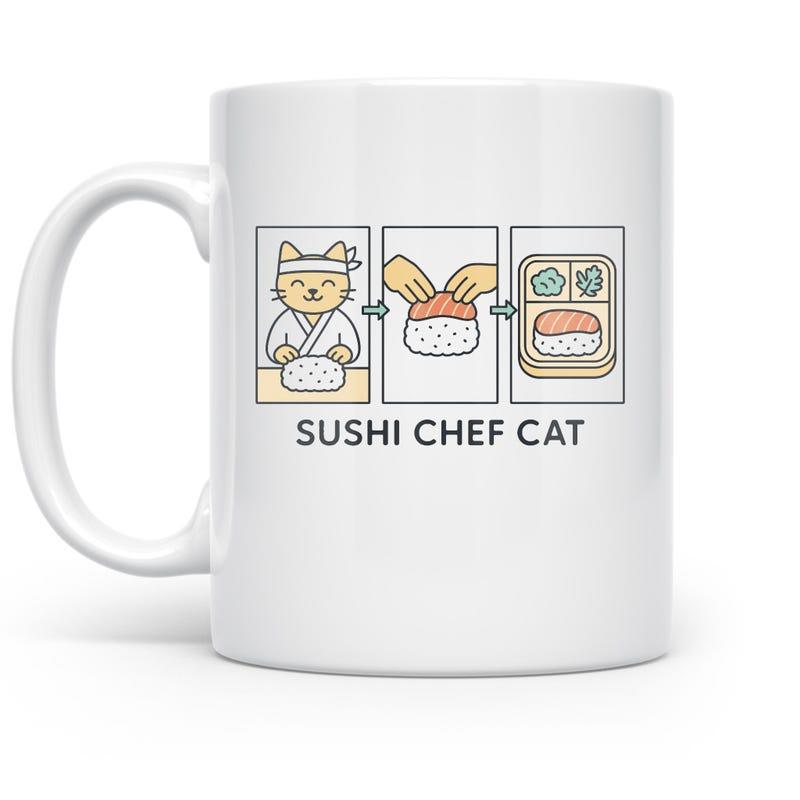 Tailorly White Ceramic 11 oz Mug - Sushi Chef Cat Adorable Cartoon Kitten Wearing A Chef Headband Preparing Fresh Salmon Nigiri Cat