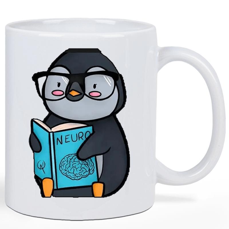 Tailorly White Ceramic 11 oz Mug - Neuro Adorable Scholarly Penguin Wearing Black Glasses Reading A Science Textbook Penguin