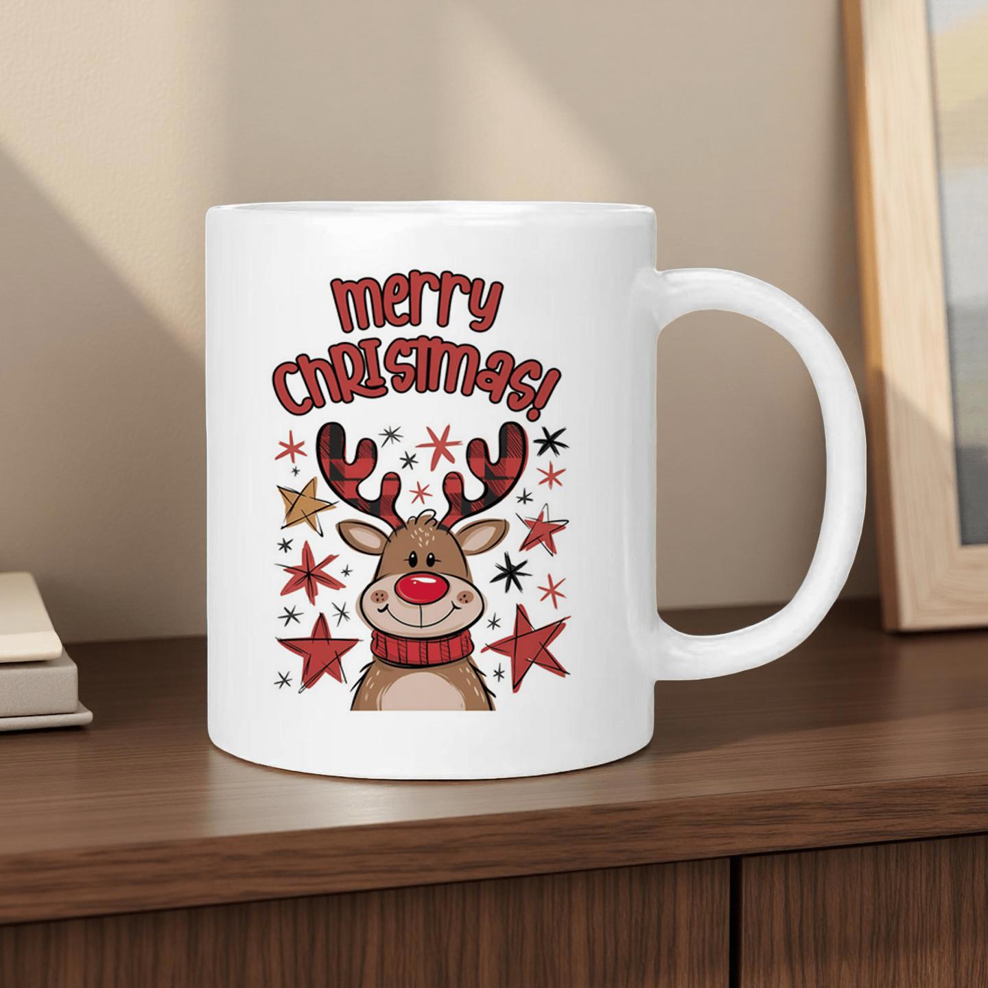 Tailorly White Ceramic 11 oz Mug - Merry Christmas Festive Cartoon Reindeer With Plaid Antlers And Red Scarf Surrounded By Stars Reindeer