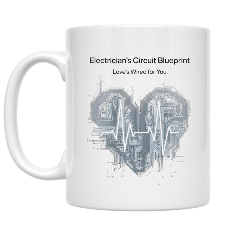 Tailorly White Ceramic 11 oz Mug - Electrician's Circuit Blueprint Love's Wired For You Intricate Electronic Circuit Blueprint Lines Forming A Heartbeat Monitoring