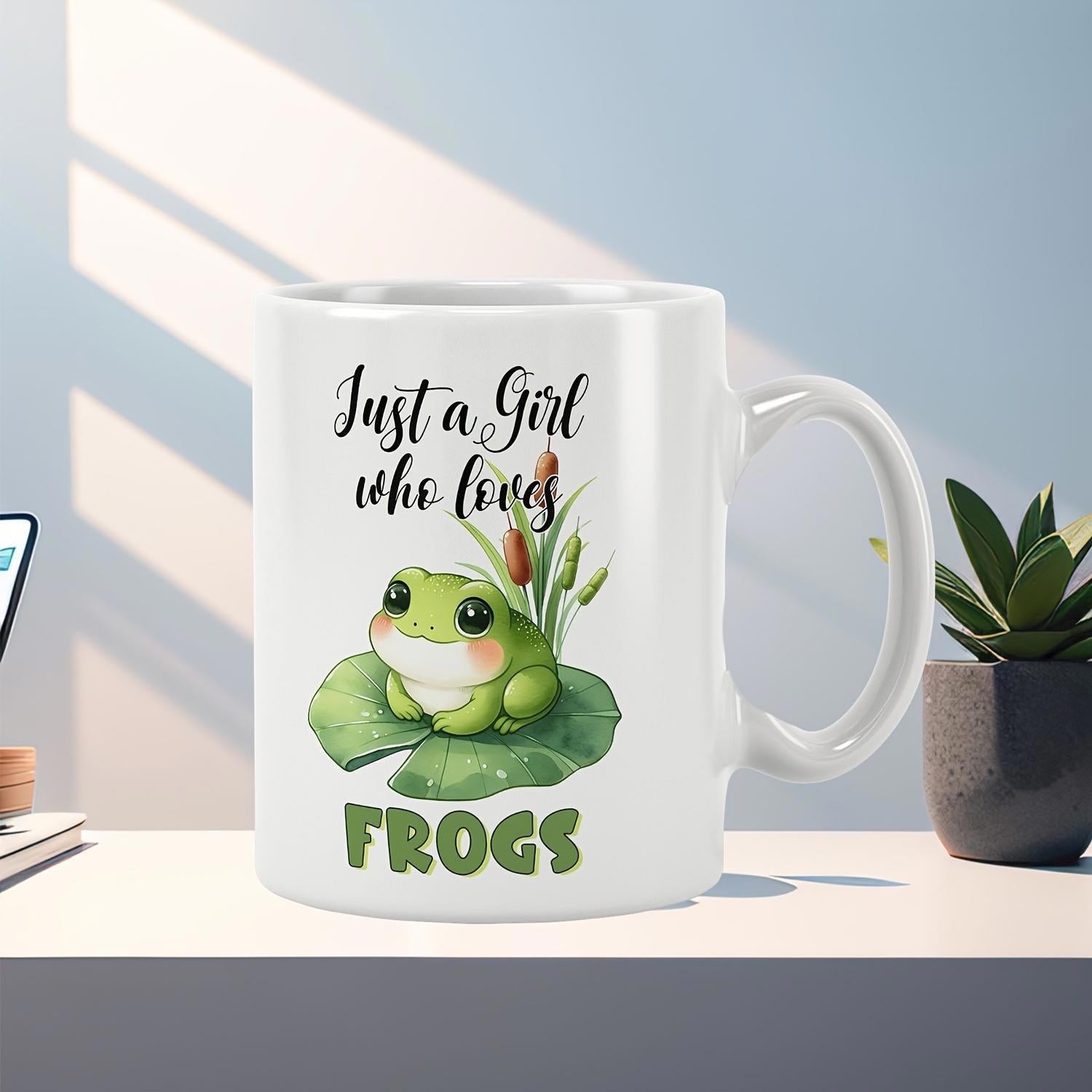 Tailorly White Ceramic 11 oz Mug - Just A Girl Who Loves Frogs Cute Green Amphibian Sitting On A Lily Pad Near Reeds Frog