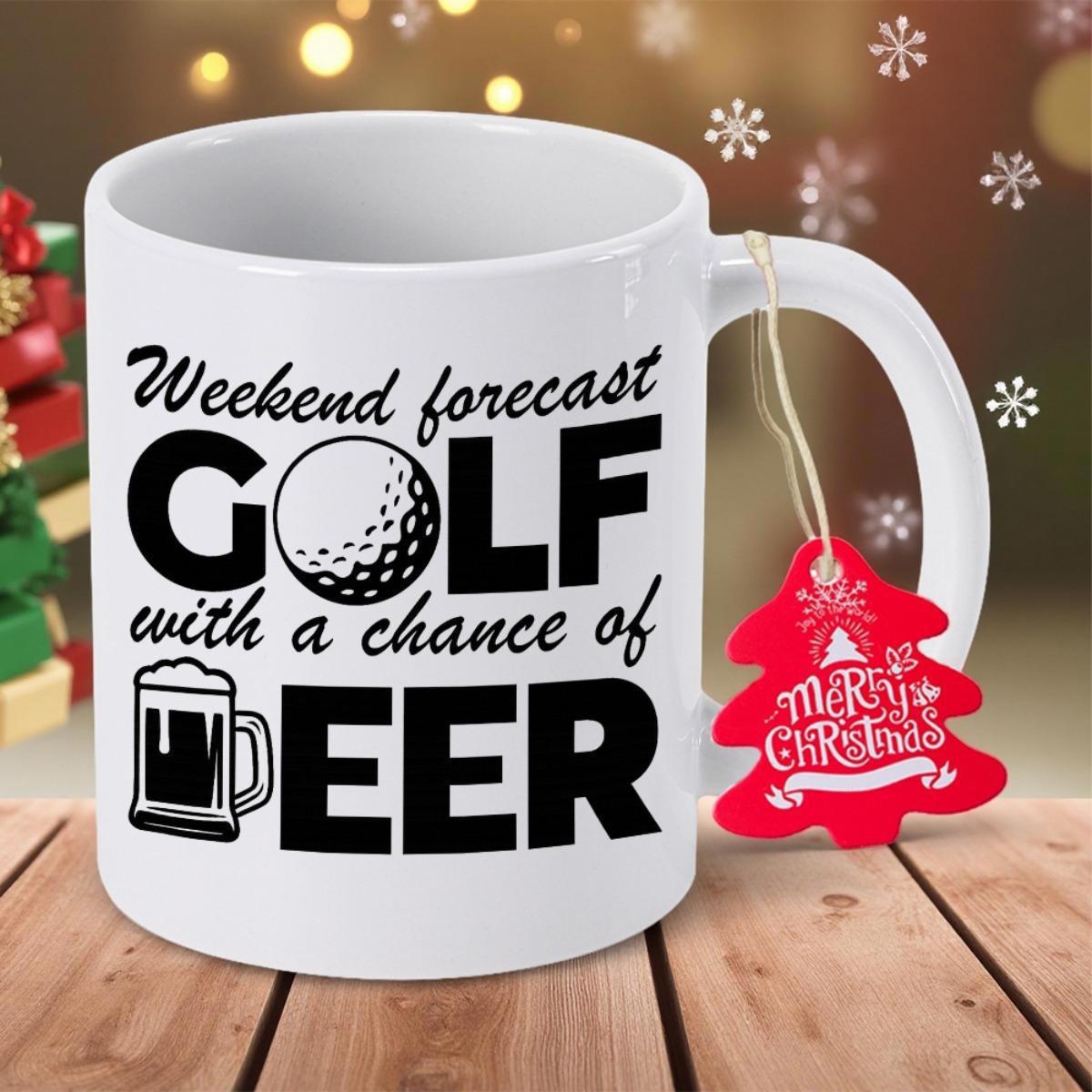 Tailorly White Ceramic 11 oz Mug - Weekend Forecast Golf With A Chance Of Beer Minimalist White Ceramic Style Featuring Sporty Ball And Frothy Beer Mug