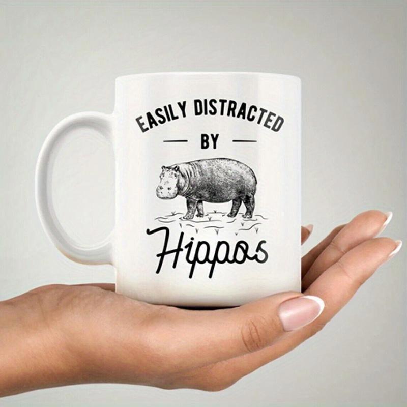 Tailorly White Ceramic 11 oz Mug - Easily Distracted By Hippos Detailed Hand Drawn Sketch Of A Lone Hippo Standing On Grass Hippo