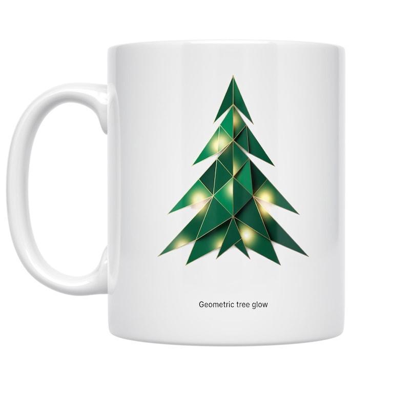 Tailorly White Ceramic 11 oz Mug - Geometric Tree Glow Minimalist Green Polygonal Shape Featuring Warm Glowing Decorative Lights Tree