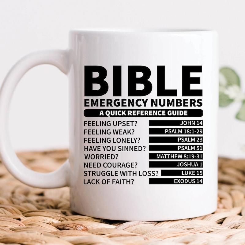 Tailorly White Ceramic 11 oz Mug - Bible Emergency Numbers Elegant White Surface Featuring Bold Black Block Letters Religious Reference List Mug