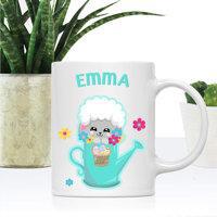 Tailorly White Ceramic 11 oz Mug - Emma Cute Fluffy Lamb Sitting Inside A Teal Floral Gardening Watering Can