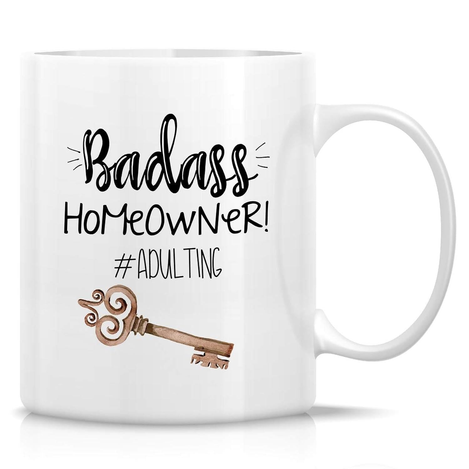 Tailorly White Ceramic 11 oz Mug - Badass Homeowner Adulting Ornate Vintage Brown Metal Skeleton Graphic Placed Below Stylized Decorative Text Key