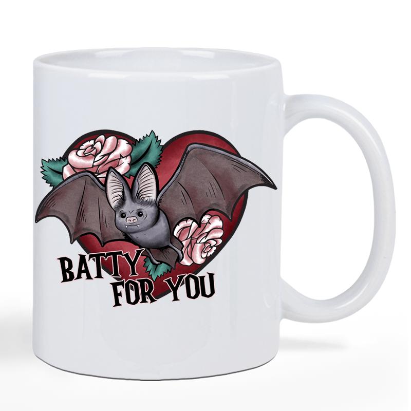 Tailorly White Ceramic 11 oz Mug - Batty For You Cute Little Bat Stretching Wings Before A Red Heart And Roses Bat
