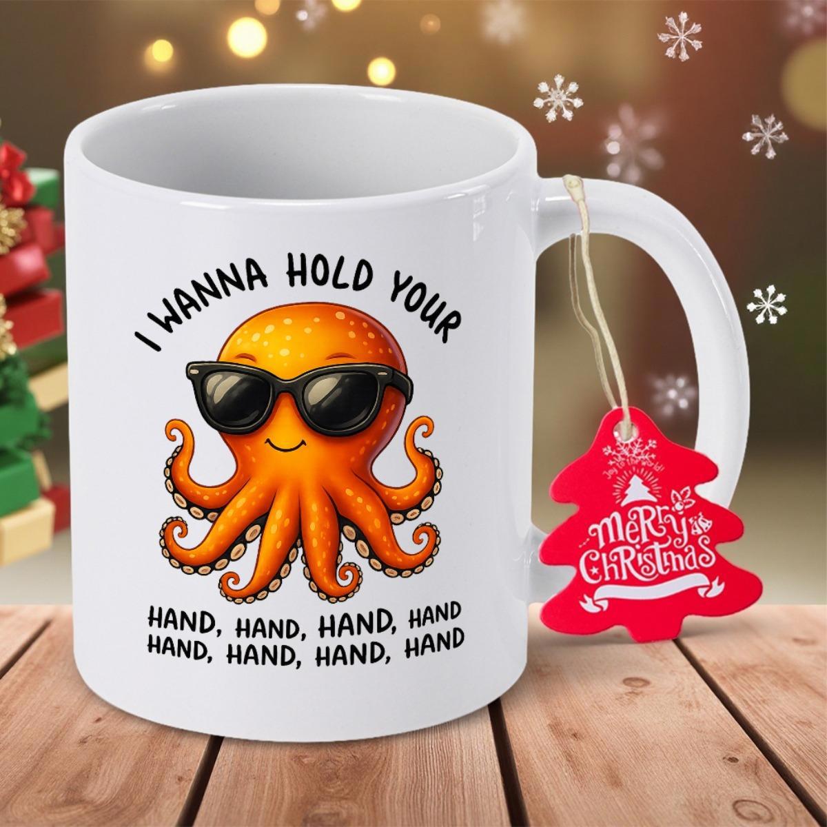 Tailorly White Ceramic 11 oz Mug - I Wanna Hold Your Hand Smiling Orange Sea Creature Wearing Black Sunglasses With Multiple Arms Octopus