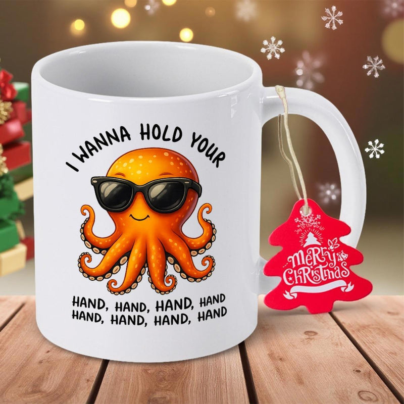Tailorly White Ceramic 11 oz Mug - I Wanna Hold Your Hand Smiling Orange Sea Creature Wearing Black Sunglasses With Multiple Arms Octopus