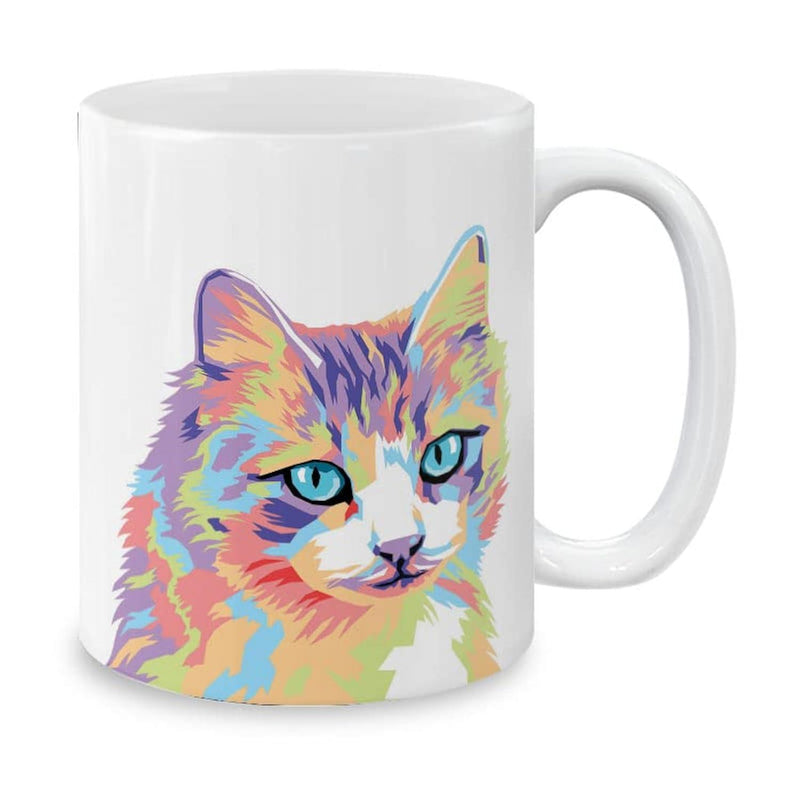 Tailorly White Ceramic 11 oz Mug - Vibrant Colorful Pop Art Portrait Of A Feline With Blue Eyes Cat