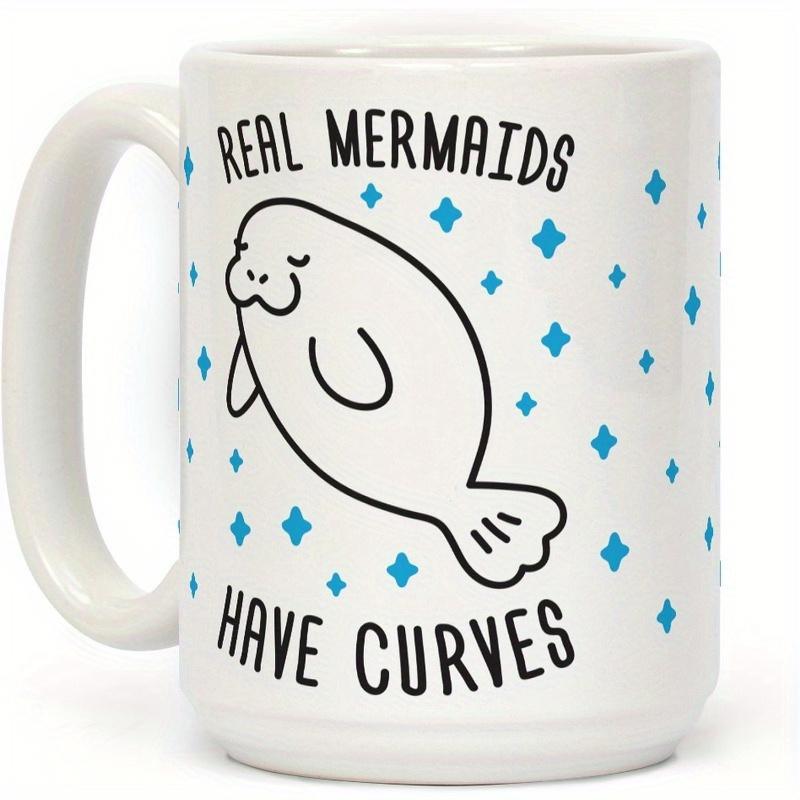 Tailorly White Ceramic 11 oz Mug - Real Mermaids Have Curves Adorable Cartoon Manatee Floating Among Scattered Blue Shining Twinkle Stars Manatee