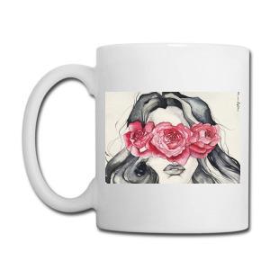 Tailorly White Ceramic 11 oz Mug - Artistic Watercolor Portrait With Blooming Pink Flowers Covering Eyes Mysterious Woman