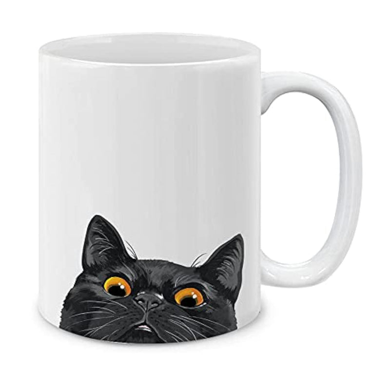 Tailorly White Ceramic 11 oz Mug - Curious Peeking Black Cat With Vivid Amber Eyes And Pointy Ears Cat