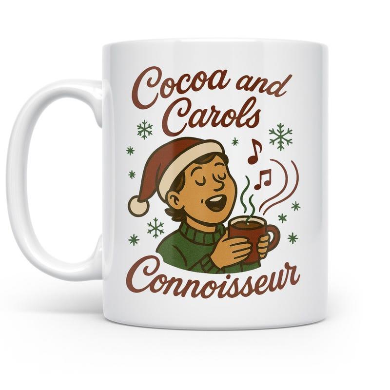 Tailorly White Ceramic 11 oz Mug - Cocoa And Carols Connoisseur Cheerful Child Wearing Santa Hat Singing Among Falling Winter Snowflakes Boy