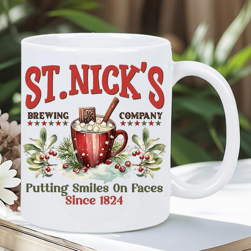 Tailorly White Ceramic 11 oz Mug - St Nicks Brewing Company Putting Smiles On Faces Since 1824 Festive Red Cup With Hot Chocolate Marshmallows And Holly Mug
