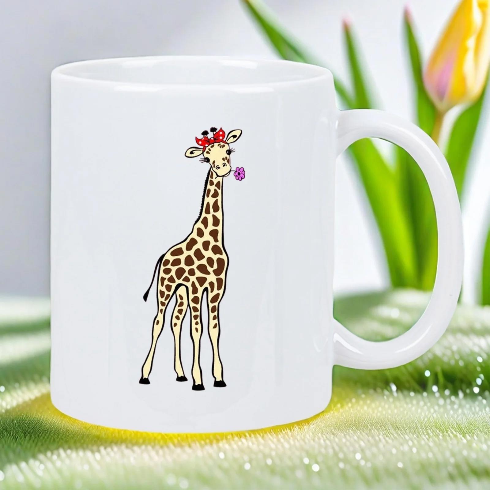 Tailorly White Ceramic 11 oz Mug - Cute Hand Drawn Standing Animal Wearing Red Ribbon Bow Charming Giraffe