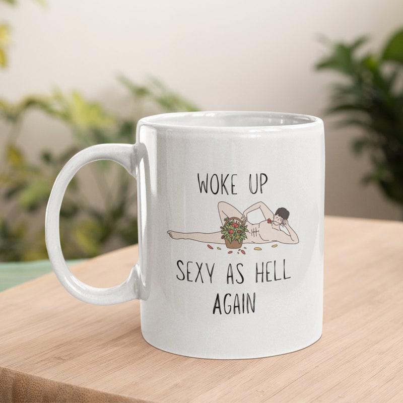 Tailorly White Ceramic 11 oz Mug - Woke Up Sexy As Hell Again Minimalist Illustration Of A Reclining Figure Resting On Smooth Surface Figure