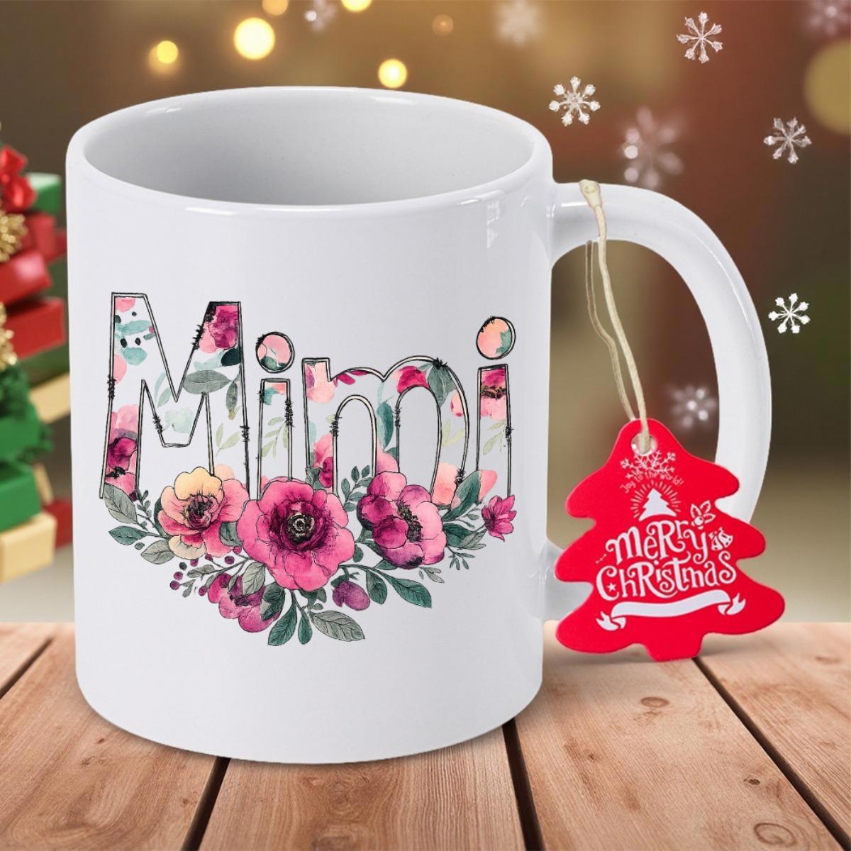 Tailorly White Ceramic 11 oz Mug - Mimi Vibrant Pink Blooming Flowers And Green Leaves Beneath Artistic Floral Lettering Flower