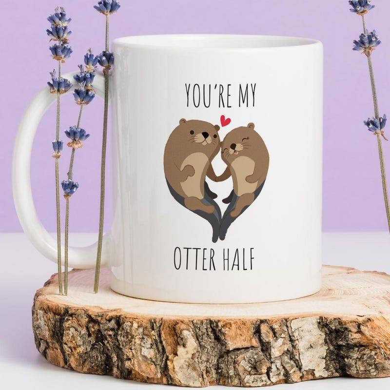 Tailorly White Ceramic 11 oz Mug - Youre My Otter Half Two Cute Brown Water Animals Holding Paws Shaping Romantic Heart Otter