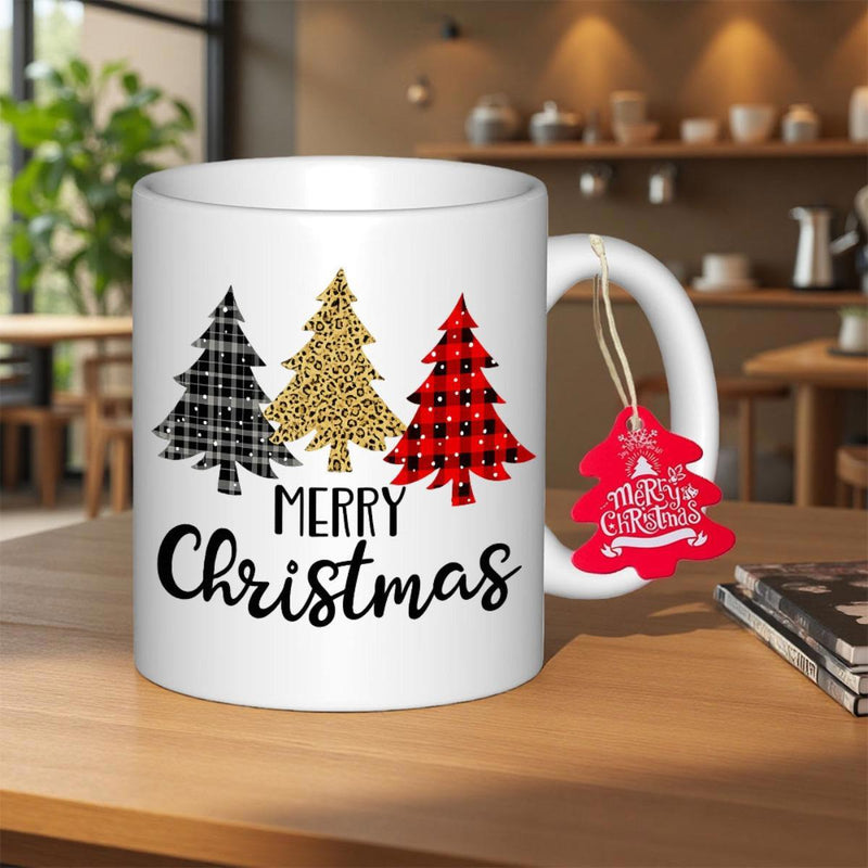 Tailorly White Ceramic 11 oz Mug - Merry Christmas Three Artistic Styled Evergreens With Plaid And Leopard Patterns Decorative Holiday Tree