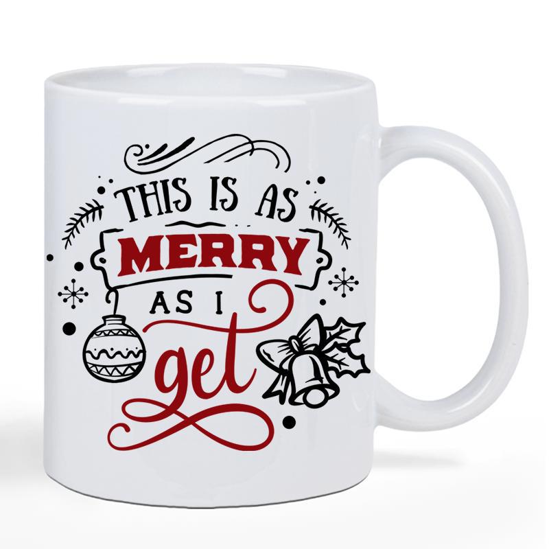 Tailorly White Ceramic 11 oz Mug - This Is As Merry As I Get Festive Holiday Elements Featuring Hanging Ornament Bells And Seasonal Pine Branches Mug