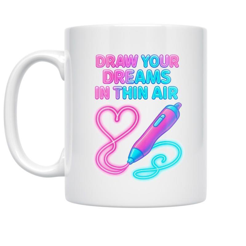 Tailorly White Ceramic 11 oz Mug - Draw Your Dreams In Thin Air Vibrant Gradient Tool Drawing A Radiant Pink Heart With Blue Swirls Pen