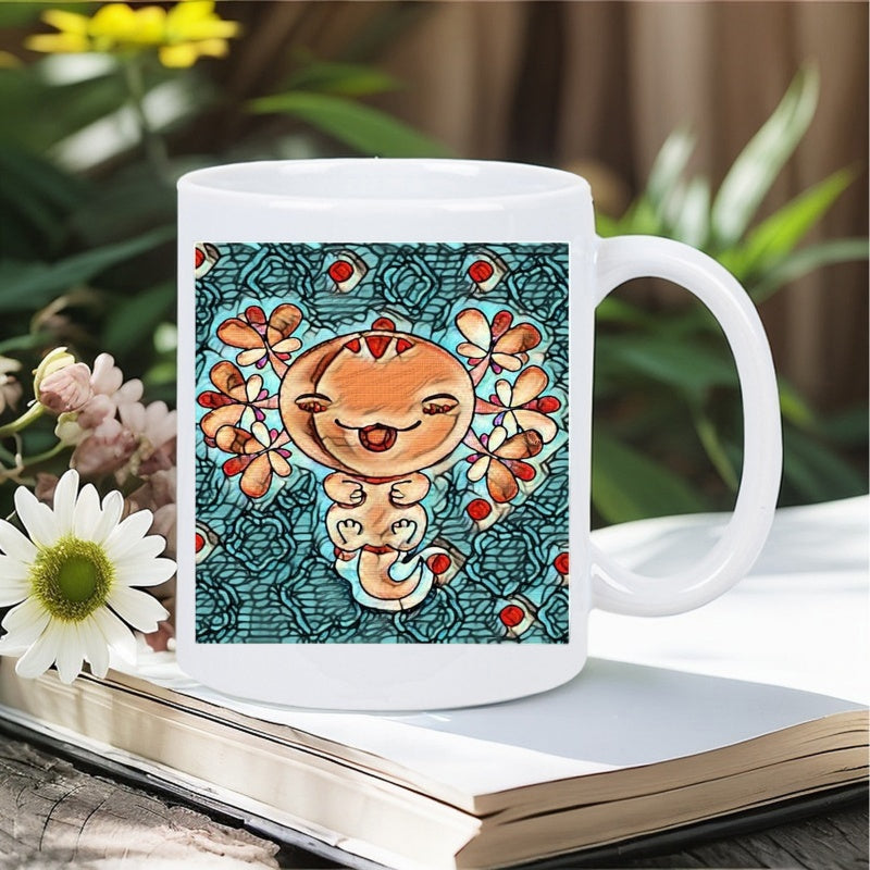 Tailorly White Ceramic 11 oz Mug - Vibrant Orange Cartoon Creature Among Intricate Teal Pattern With Floral Details Axolotl