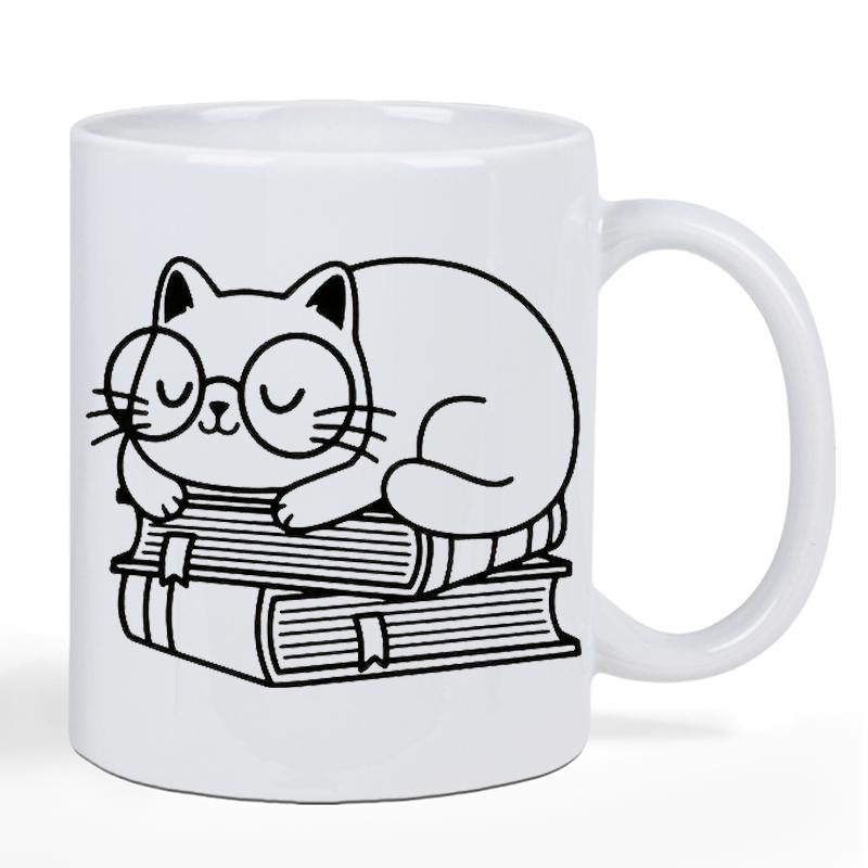 Tailorly White Ceramic 11 oz Mug - Minimalist Line Art Sleeping Over Stacks Of Vintage Academic Books Cat