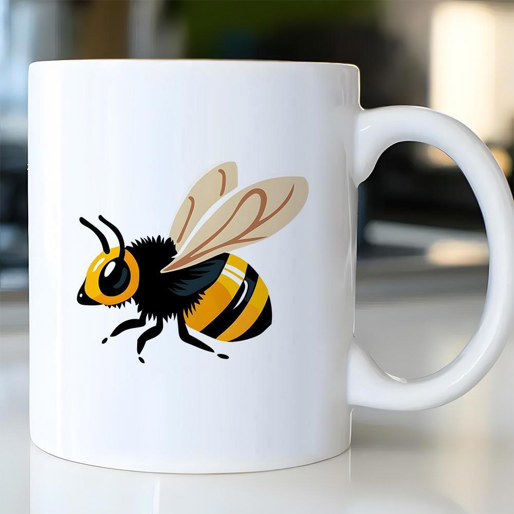 Tailorly White Ceramic 11 oz Mug - Detailed Cartoon Style Bumblebee Featuring Translucent Wings In Mid Flight Bee