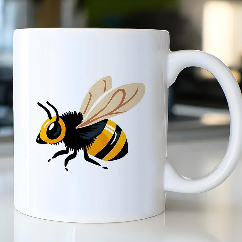 Tailorly White Ceramic 11 oz Mug - Detailed Cartoon Style Bumblebee Featuring Translucent Wings In Mid Flight Bee