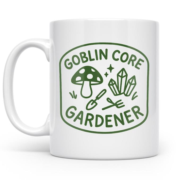 Tailorly White Ceramic 11 oz Mug - Goblin Core Gardener Rustic Line Art Featuring Crystals And Tiny Handheld Gardening Tools Mushroom