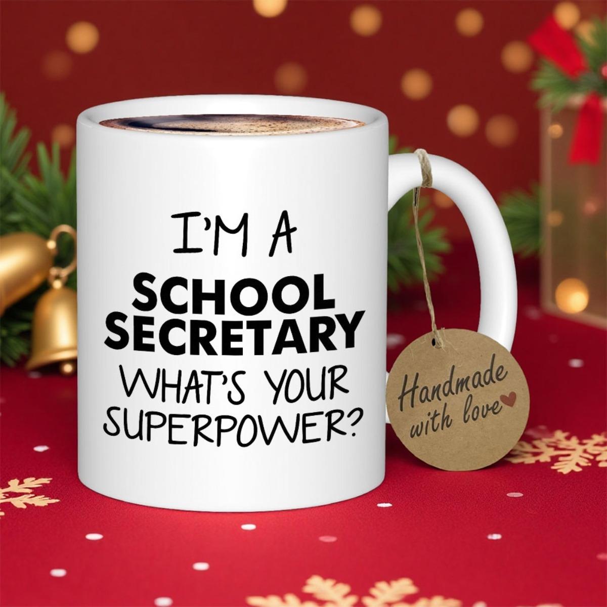 Tailorly White Ceramic 11 oz Mug - Im A School Secretary Whats Your Superpower Elegant White Ceramic Vessel Featuring Bold Black Typography And Minimalist