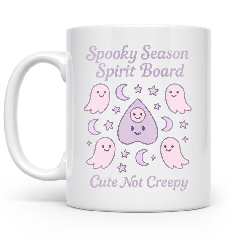Tailorly White Ceramic 11 oz Mug - Spooky Season Spirit Board Cute Not Creepy Adorable Pink Ghosts Among Stars And Crescent Moons Planchette