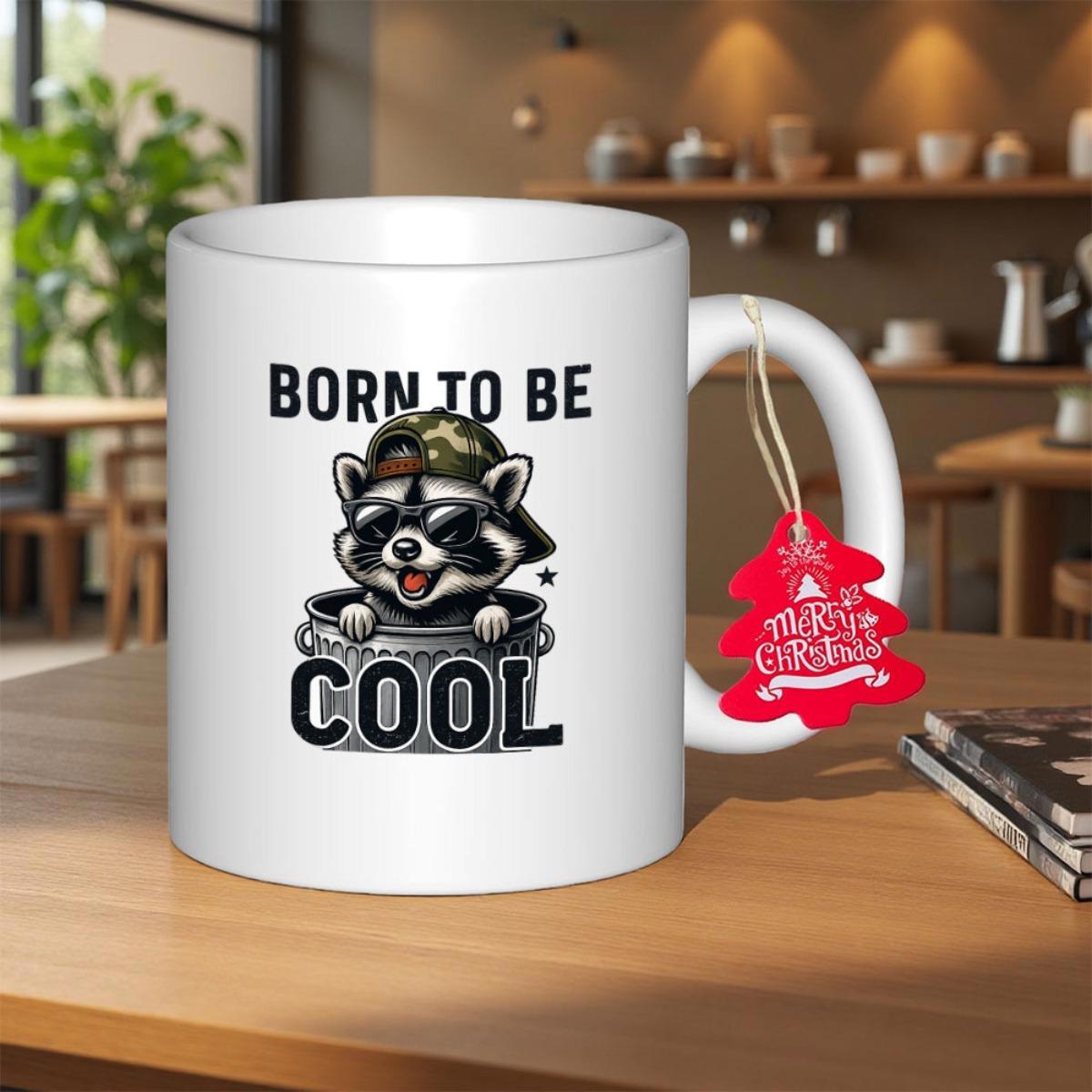 Tailorly White Ceramic 11 oz Mug - Born To Be Cool Stylized Edgy Animal Wearing Camouflage Hat And Dark Sunglasses Peeking Out Bucket Raccoon