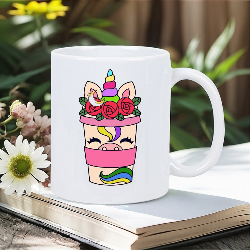 Tailorly White Ceramic 11 oz Mug - Magical Cartoon Coffee Cup Featuring Rainbow Horn And Red Roses Unicorn